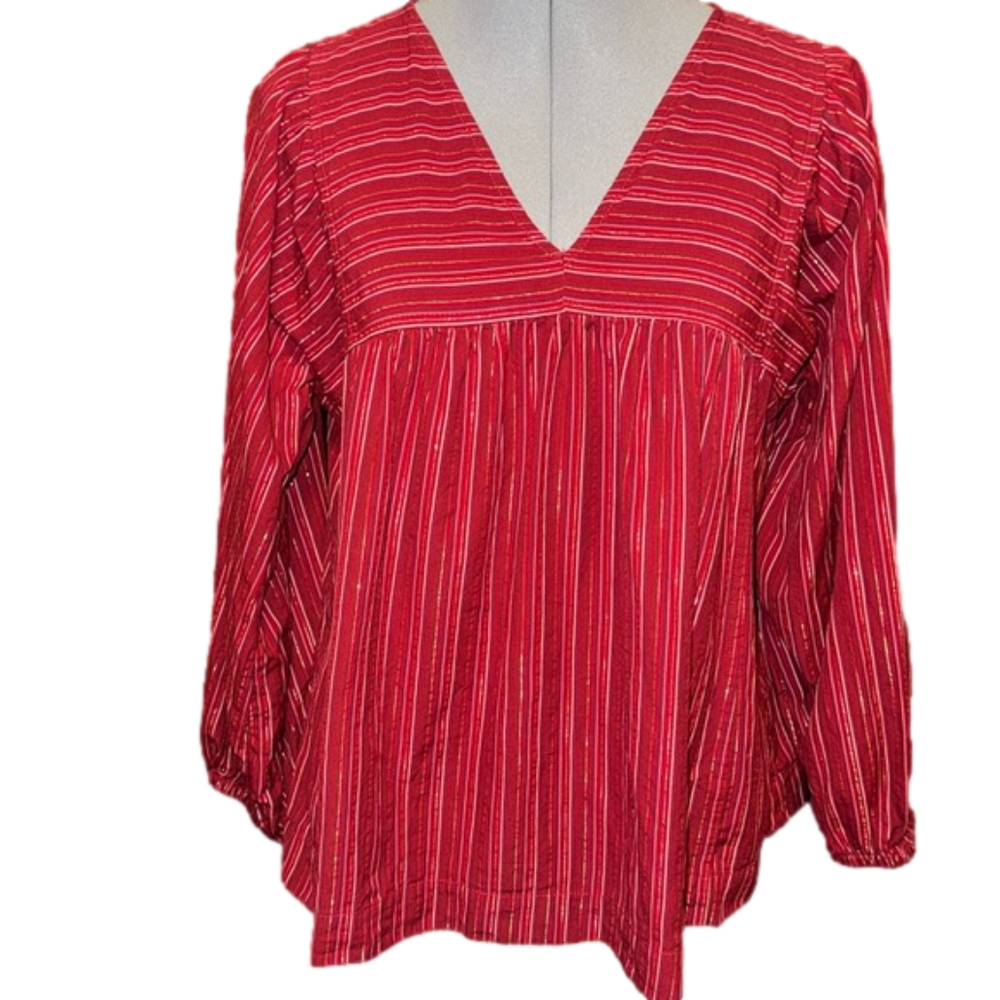 Madewell Red Stripe V-Neck Long Sleeve Blouse